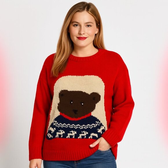 Claridge Wool Teddy Bear Sweater Red Small Fair Isle Vintage Holiday Kitschy - Picture 1 of 6